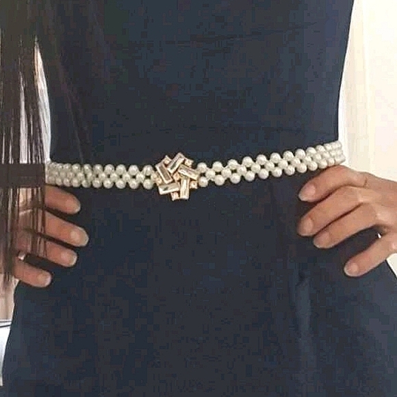 Faux white pearl beaded rhinestone wedding elastic stretch waist statement belt - Picture 7 of 7